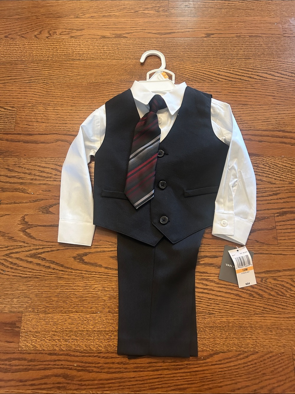 Van Heusen Boys Black Vest Suit Set with White Shirt and Black/Red Tie